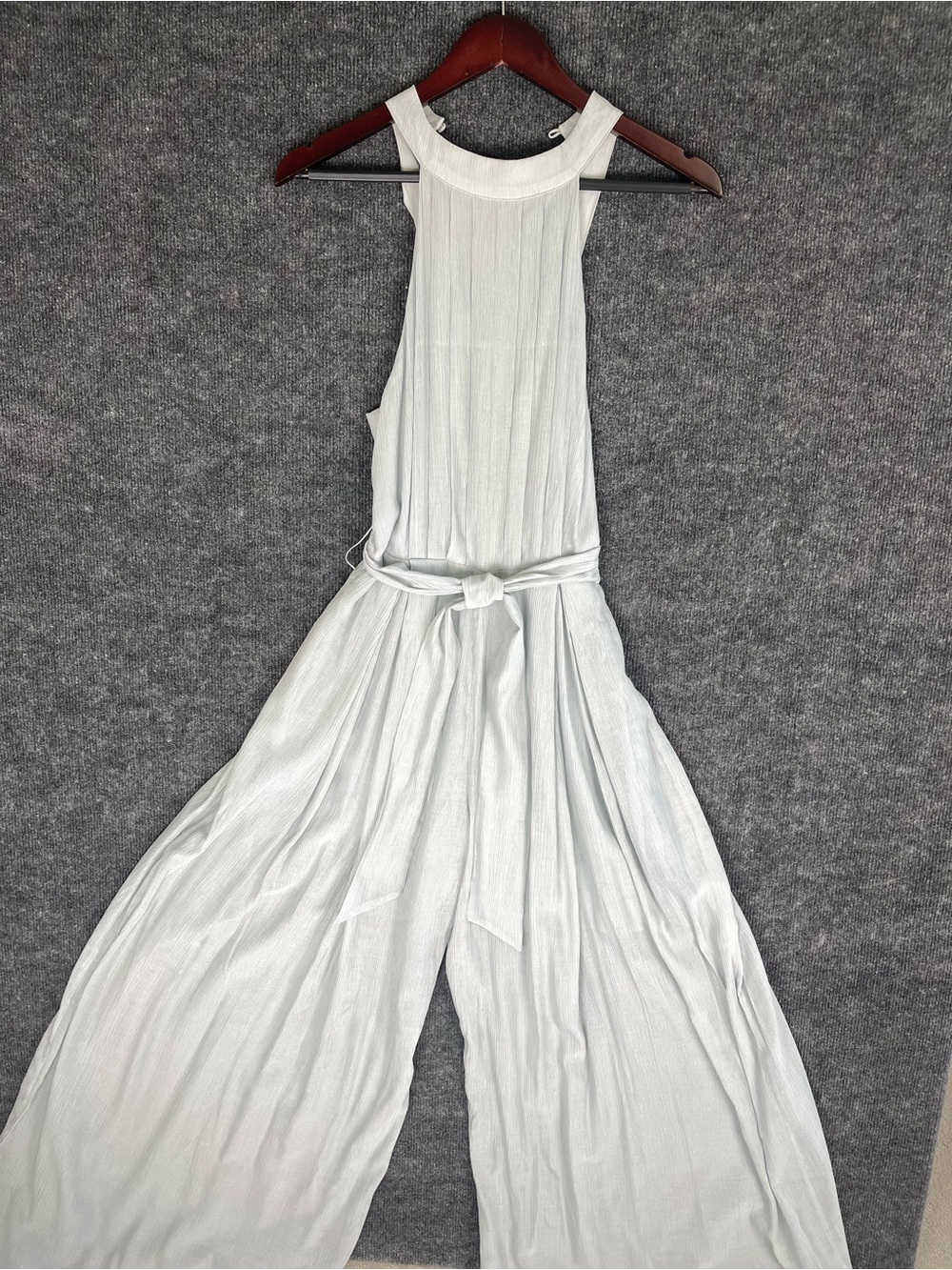 Promesa Light Gray/Blue Halter Wide-Leg Jumpsuit with Waist Tie